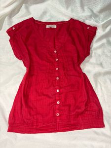 Red Button-Up Short Sleeve Blouse