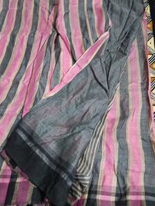Pink &amp; Grey Striped Saree