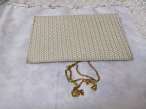 Vintage Cream Woven Clutch with Gold Chain