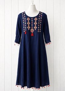Embroidered Navy Blue Kurta with Tassels