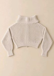 CREAM CROPPED ZIP-UP KNIT SWEATER