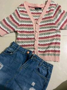 Knit Cardigan & Distressed Denim Skirt