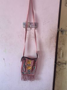 Boho Pink Embroidered Fringed Sling Bag