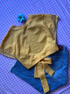 Yellow Cropped Top with Lace Trim