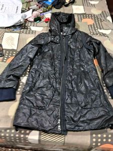 Hooded light leather jacket and winter dress