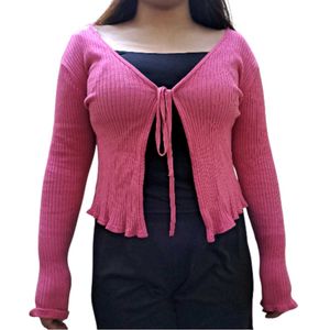 Pink Ribbed Tie-Front Cardigan