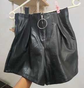 Black Faux Leather Shorts with Ring Detail