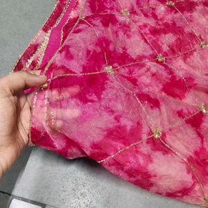 Vibrant Pink Tie-Dye Saree with Gold Embellishment