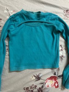 Blue Ribbed Cut-Out Long Sleeve Top