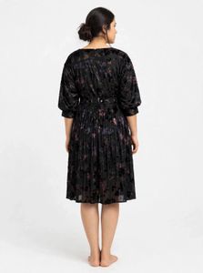 Black Floral Belted Midi Dress