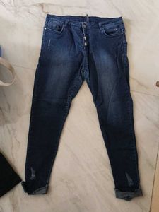 Blue Button Fly Distressed Jeans