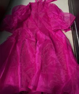 Vibrant Pink Organza Puff Sleeve Dress