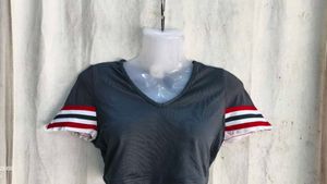 Grey Cropped V-Neck Top with Striped Sleeves