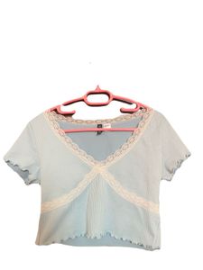 Coquette Baby Blue Ribbed Lace Trim Top