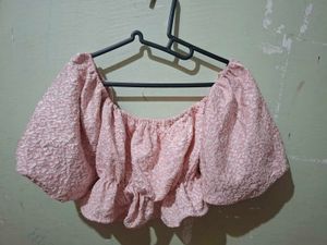 Cute Pink Textured Puff Sleeve Crop Top