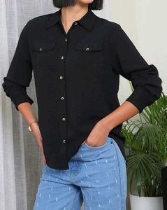 Chic Black Textured Button-Up Shirt