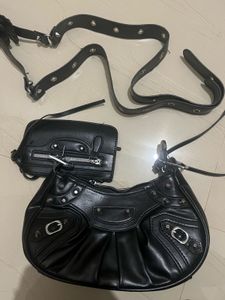 Black Ruched Shoulder Bag with Silver Hardware