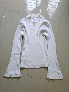 White Ribbed Bell Sleeve Turtleneck Top