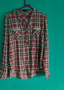 Red Checked Double Chain Pocket Western Women Cotton Top, Bust 40 XL