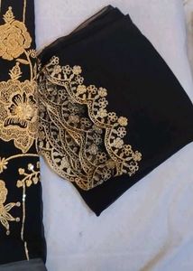 Elegant Black unstitched Suit with Golden Embroid