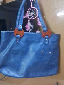 Stylish Blue Tote Bag with Wooden Accents