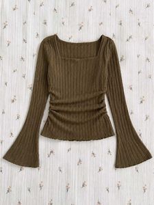 Chic Ribbed Square Neck Bell Sleeve Top