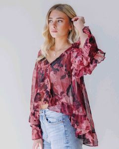 Sheer Floral Ruffle Blouse