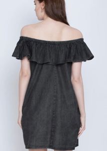 Chic Off-Shoulder Denim Dress with Patches