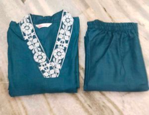 New Teal Kurta Set with White Embroidery