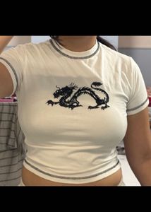 Dragon Print White T-Shirt S size