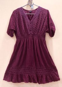 Maroon Embroidered Button-Up Dress