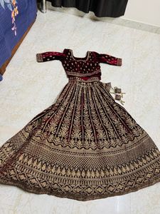Maroon Velvet Lehenga-2 Dupattas