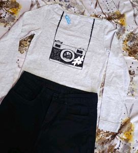 Grey Long Sleeve offshoulder top with Camera Print