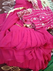 pink fish cut Embroidered readymade saree