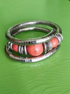 Boho Silver and Coral Bracelet