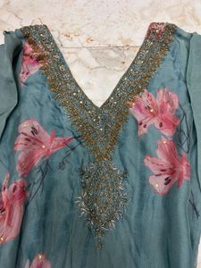 Elegant Teal Kurta Set with Floral Print