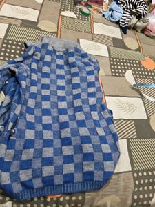 Blue &amp; Grey Knit Cardigan with Floral Detail