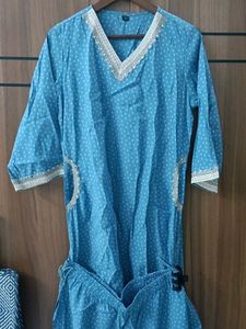 Blue Polka Dot Kurta Set with Lace Trim