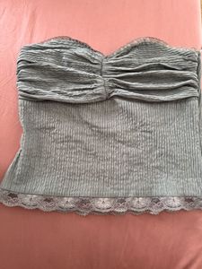 Pleated Strapless Tube Top with Lace Trim