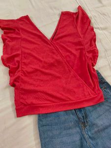 Ruffled Red V-Neck Top