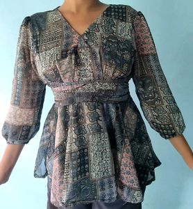 Boho Patchwork V-Neck Tunic Top