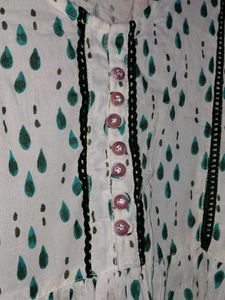 Elegant White ethenic dress with Green Drops Print