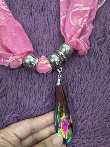 Chic Pink Scarf with Rose Print &amp; Charm