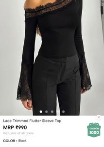 Chic Lace Trim Flutter Sleeve Top