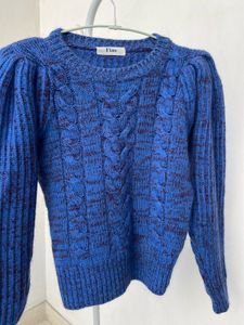 Blue Cable Knit Puff Sleeve Sweater