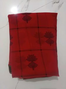 Elegant Red Saree with Lotus Motifs