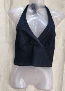 Blue Denim Halter Neck Crop Top