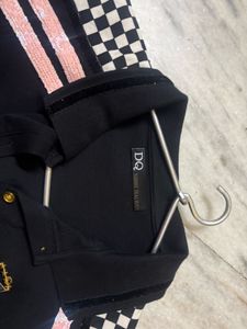Black Cropped Polo Shirt with Chequered Sleeves