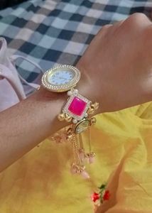 kashmiri Watch with Pink Stone & Tassels