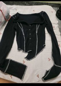 Ribbed Black Button-Up Top